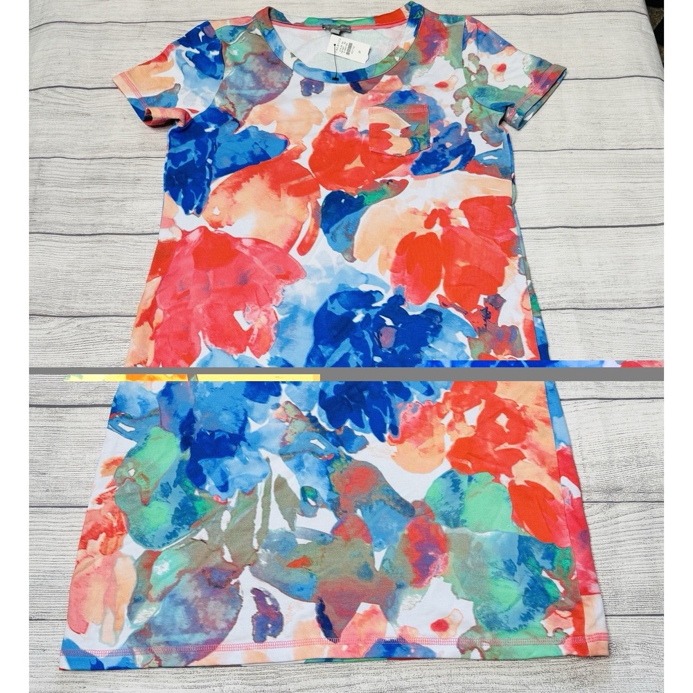 T by Talbots French Terry T Shirt Dress Painted Flowers Short Sleeve Petite NWT